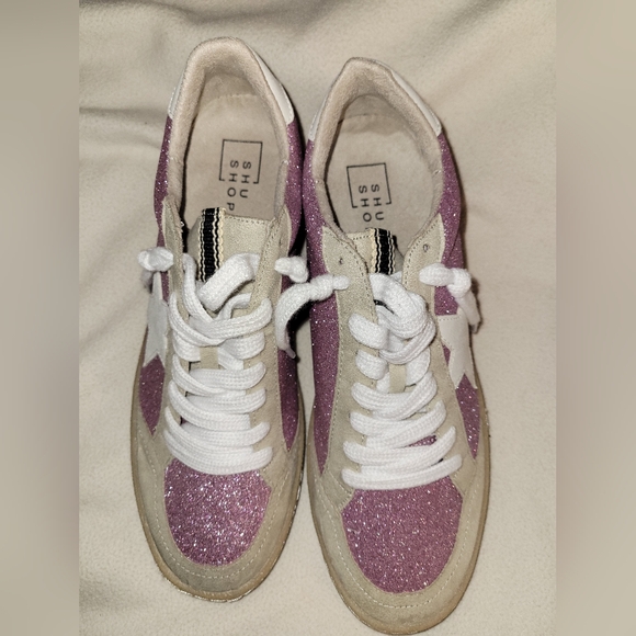 ShuShop Piera Pink Glitter Sneakers Retro-inspired Low-top White Star 8.5 NWOT - Picture 2 of 10